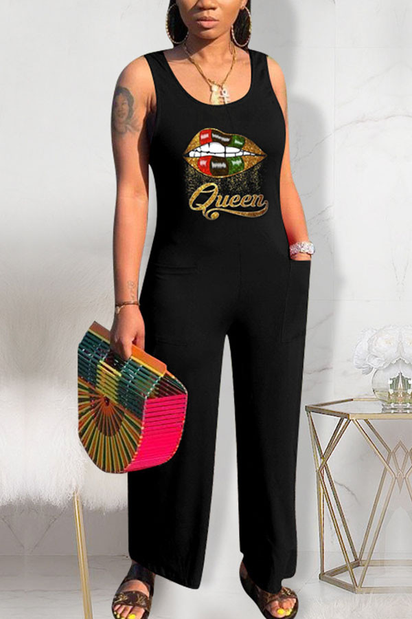 Black Fashion Casual Print Sleeveless O Neck Jumpsuits