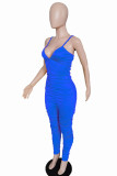 Blue Fashion Light Solid Draped Sleeveless V Neck Jumpsuits