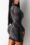 Black Sexy Geometric Patchwork See-through Hot Drill O Neck Pencil Skirt Dresses