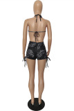 Black Fashion Sexy Print Backless Strap Design Halter Sleeveless Two Pieces