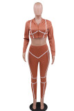 Coffee Sexy Twilled Satin Solid Hooded Collar Long Sleeve Regular Sleeve Short Two Pieces