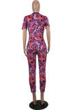 purple Sexy Fashion Print Patchwork Polyester Short Sleeve V Neck Jumpsuits