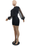 Rose Red Street Solid Mesh O Neck Long Sleeve Two Pieces