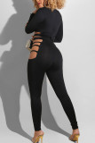 Black Sexy Solid Hollowed Out Skinny Jumpsuits