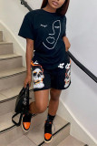 Black Fashion Casual Print Basic O Neck Short Sleeve Two Pieces