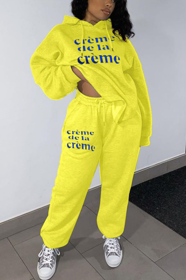 Yellow Casual Print Hooded Collar Long Sleeve Two Pieces
