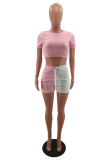 Pink Sportswear Solid Split Joint O Neck Short Sleeve Two Pieces