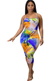 Yellow Fashion Casual adult Ma'am Blue Orange Yellow rose red Off The Shoulder Slip cake dress Mid-Calf Print Patchwork Dresses