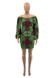Green Work Print Bateau Neck Lantern Skirt Dresses