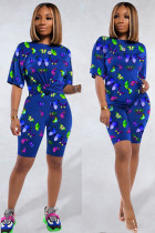 Blue Polyester Fashion adult Sexy backless Print Two Piece Suits Patchwork Straight Short Sleeve Two-Pie