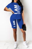 Blue Fashion Casual Letter Print Basic O Neck Short Sleeve Two Pieces