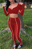 Red Casual Solid pencil Long Sleeve Two Pieces