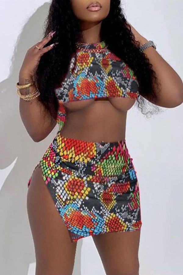 Colour Fashion Sexy Print Hollowed Out Slit O Neck Sleeveless Dress
