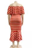 Red Fashion Sexy adult One word collar Print Striped ruffle Stripe