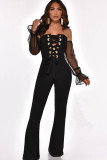 Wine Red Light bandage Hollow Solid Patchwork Long Sleeve Wrapped Jumpsuits