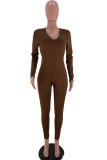 Coffee Fashion Sweet Adult Polyester Solid Draw String Backless Fold V Neck Skinny Jumpsuits