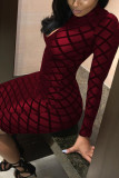 Wine Red Sexy Patchwork O Neck Wrapped Skirt Dresses