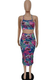 Green Polyester Fashion Lightly cooked Floral Print Two Piece Suits pencil Sleeveless Two Pieces