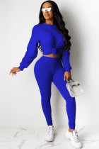Blue Polyester Sexy Solid Two Piece Suits pencil Long Sleeve Two-piece Pants Set