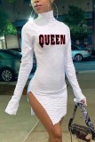 White Sexy Print Slit Turtleneck Pencil Skirt Dresses