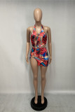 Red Fashion Sexy Print Hollowed Out Backless Halter Sleeveless Dress
