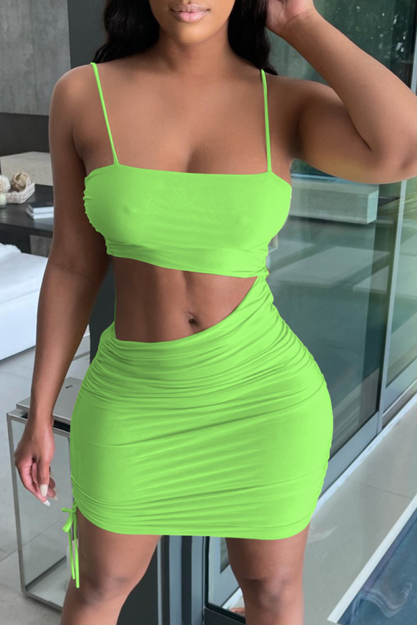 Green Sexy Solid Hollowed Out Spaghetti Strap Pencil Skirt Dresses