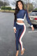 Navy Blue Elastic Fly Long Sleeve Mid Patchwork pencil Pants Two-piece suit