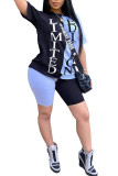 Blue Fashion Active adult Ma'am Letter Patchwork Print Two Piece Suits pencil Short Sleeve Two Pieces