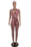 Pink Fashion Casual Striped Print With Belt V Neck Regular Jumpsuits
