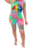 Green Polyester Fashion Sexy adult Ma'am Print Burn-out Two Piece Suits pencil Short Sleeve Two Pieces