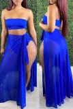 Blue Fashion Sexy Solid See-through Backless Swimwears Set
