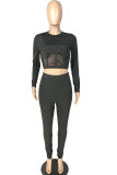 Black Cotton Blends Sexy Patchwork Solid Mesh pencil Long Sleeve Two Pieces