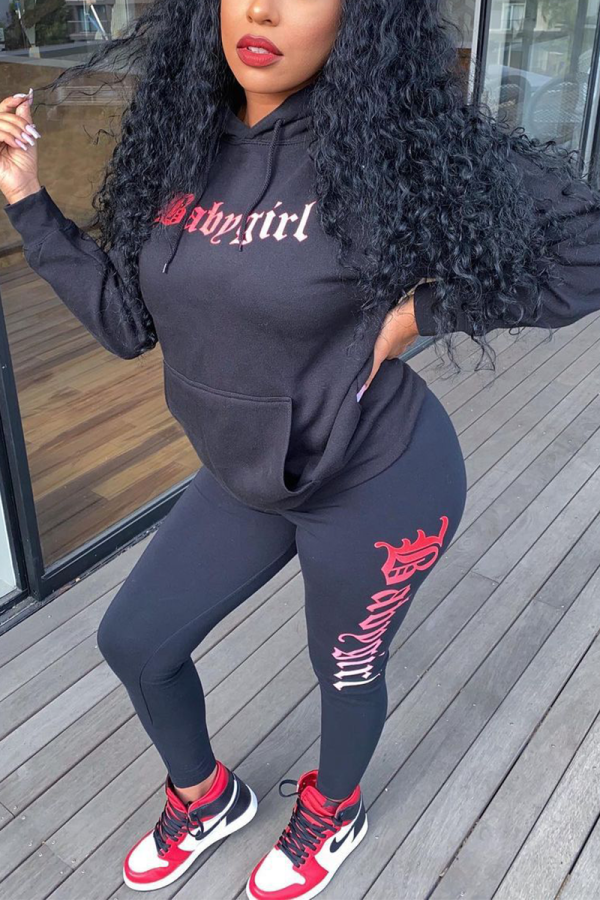 Black Casual Print Letter Hooded Collar Long Sleeve Two Pieces