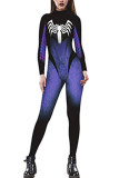 Blue Fashion Party Adult Polyester Print Split Joint O Neck Skinny Jumpsuits