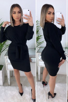 Black Polyester Fashion adult Sexy Cap Sleeve Long Sleeves O neck Step Skirt Knee-Length Solid Patchwork b