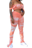 Orange Polyester Fashion Casual Print Tie Dye Two Piece Suits Boot Cut Sleeveless Two Pieces