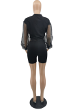 Rose Red Street Solid Mesh O Neck Long Sleeve Two Pieces