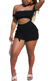 Black Fashion Sexy Solid crop top Slim fit Two Piece Suits asymmetrical Skinny Short Sleeve