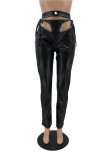 Black Sexy Solid Hollowed Out Skinny Mid Waist Straight Bottoms