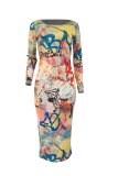 Orange Street Print Patchwork O Neck Pencil Skirt Dresses