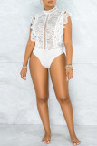Red Fashion Sexy Solid Hollowed Out See-through O Neck Skinny Bodysuits