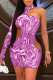 Purple Fashion Sexy Print Hollowed Out Turtleneck Long Sleeve Dresses