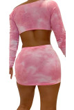Pink Milk Silk Fashion Sexy adult Ma'am Print Two Piece Suits pencil Long Sleeve Two Pieces