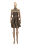 Brown Sexy Casual Solid Backless Halter Pleated Dresses