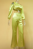 Yellow Street Solid Patchwork Backless Oblique Collar Long Sleeve Two Pieces