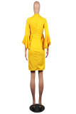 Yellow Fashion Sexy Long Sleeves O neck skirt Solid