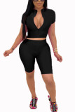 Black Polyester Fashion Sexy adult Ma'am Solid Two Piece Suits pencil Short Sleeve Two Pieces