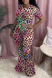 Multicolor Sexy Leopard Patchwork O Neck Short Sleeve Two Pieces