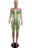 Green Sexy Fashion Print Patchwork Polyester Sleeveless one word collar Rompers