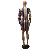Stripe Fashion Sexy Cap Sleeve Long Sleeves O neck Step Skirt Knee-Length Club Dresses
